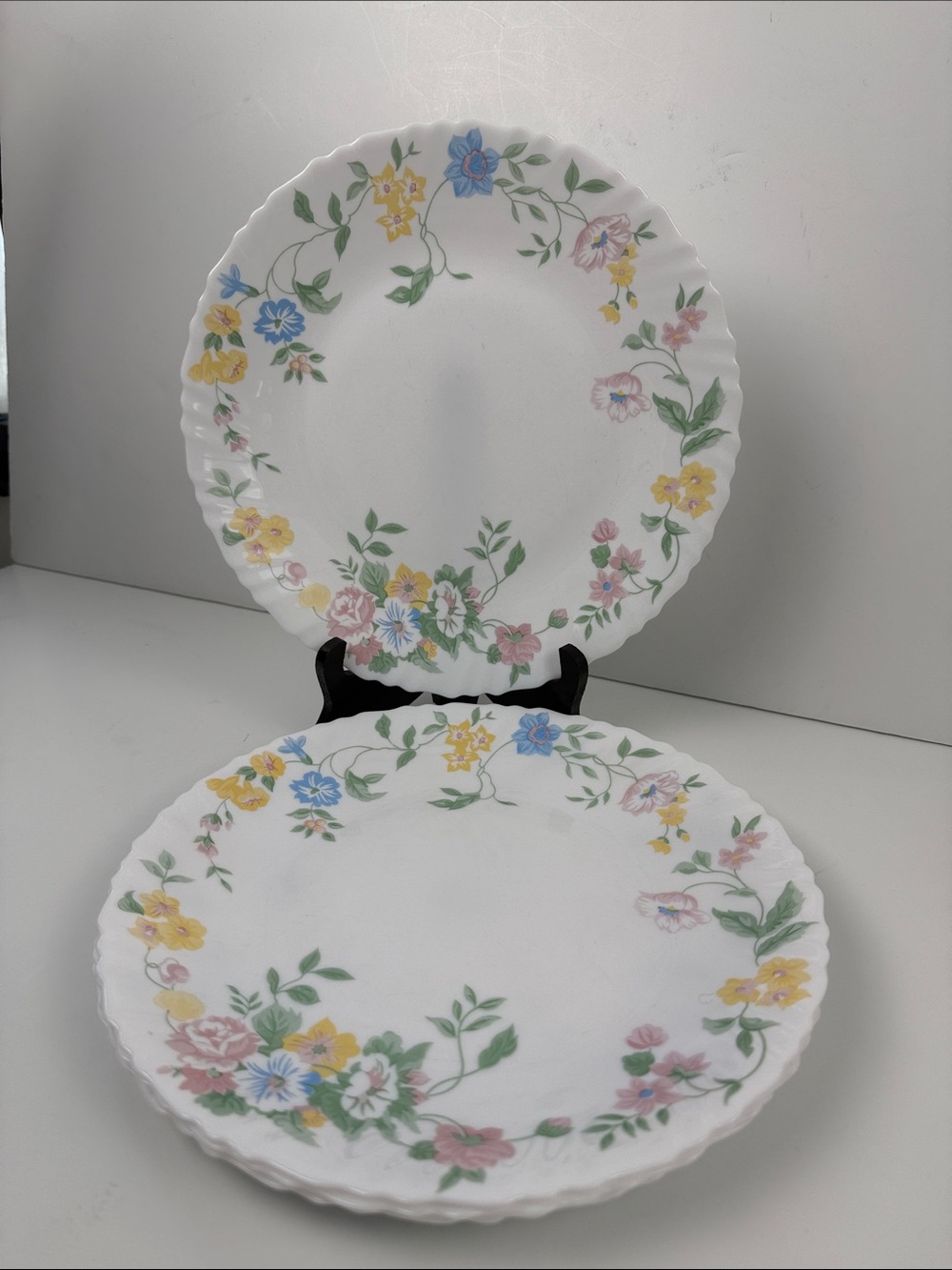 4 Arcopal France Floral Dinner Plates with Pastel Blue, Yellow & Pink Accent
